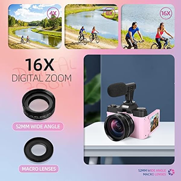 Fotocamera digitale 4K Vlogging con schermo flip a 180°, WiFi, obiettivo macro e grandangolare, controllo app, microfoni esterni, zoom 16x, scheda TF da 32 GB, fotocamera per fotografia, vlogging,